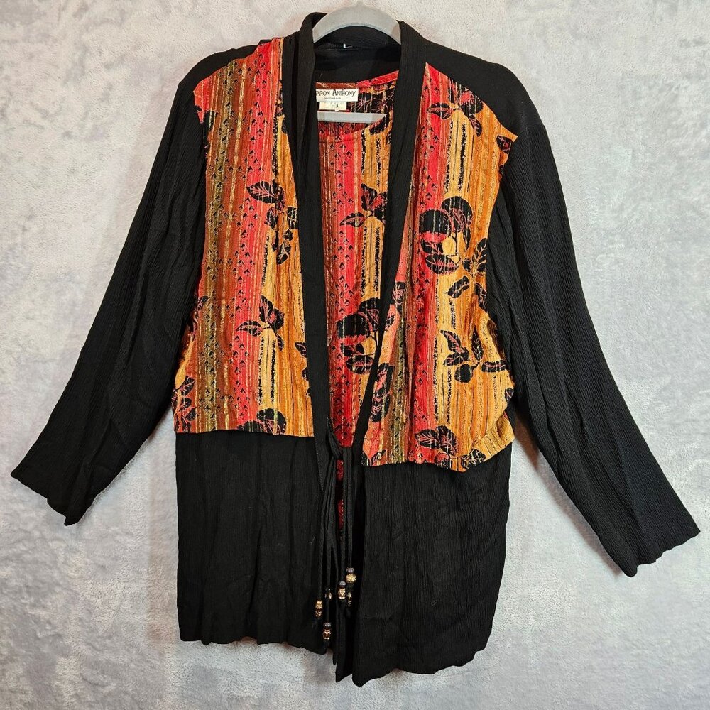 Sharon Anthony Womens L Open Front Jacket Top set Beaded Tie Floral gold retro